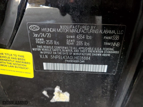 2020 Hyundai Sonata SEL with VIN 5NPEL4JA0LH028884, listed as a Copart auction lot 44042285 with 44,356 mi miles and Salvage Title. Bid and sale history available at carsss.com. Image 14.