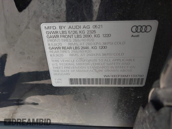 2021 Audi Q3 S line Premium Plus with VIN WA1EECF3XM1133790, listed as a IAAI auction lot 41870016 with 43,794 mi miles and . Bid and sale history available at DreamBid. Image 9.