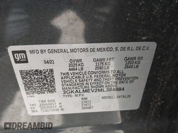 2021 GMC Terrain SLE z VIN 3GKALMEV2ML384884, wystawiony jako IAAI lot #42124666 z przebiegiem 86 791 mil mil oraz . Historia ofert i sprzedaży dostępna na DreamBid. Obrazek 9.