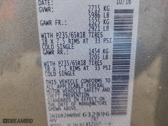 2017 Nissan Pathfinder S with VIN 5N1DR2MN9HC632896, listed as a Copart auction lot 51003845 with 142,214 mi miles and Clean Title. Bid and sale history available at carsss.com. Image 12.