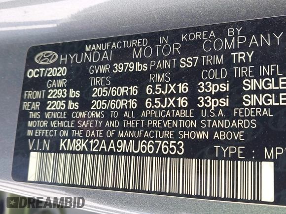 2021 Hyundai Kona SE with VIN KM8K12AA9MU667653, listed as a IAAI auction lot 41889973 with 30,399 mi miles and . Bid and sale history available at DreamBid. Image 9.