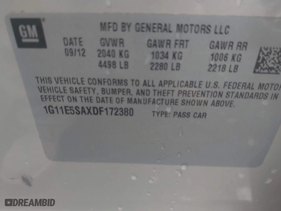 2013 Chevrolet Malibu LT with VIN 1G11E5SAXDF172380, listed as a IAAI auction lot 41535891 with 174,624 mi miles. Bid and sale history available at carsss.com. Image 9.
