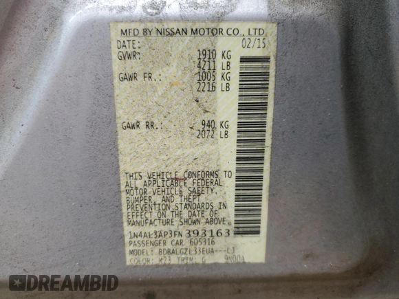 2015 Nissan Altima 2.5 S with VIN 1N4AL3AP3FN393163, listed as a Copart auction lot 52071895 with 159,463 mi miles and Salvage Title. Bid and sale history available at carsss.com. Image 13.