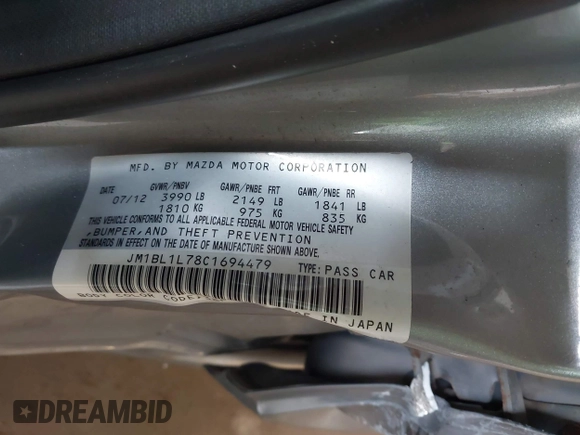 2012 Mazda 3 i Touring with VIN JM1BL1L78C1694479, listed as a IAAI auction lot 42263730 with 103,025 mi miles and . Bid and sale history available at DreamBid. Image 9.