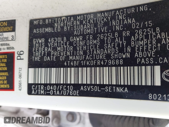 2015 Toyota Camry XLE with VIN 4T4BF1FK0FR479688, listed as a IAAI auction lot 41717801 with 131,365 mi miles. Bid and sale history available at carsss.com. Image 9.