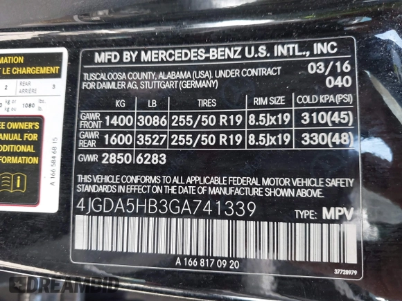2016 Mercedes-Benz GLE 350 with VIN 4JGDA5HB3GA741339, listed as a IAAI auction lot 42126619 with 110,187 mi miles and . Bid and sale history available at DreamBid. Image 9.
