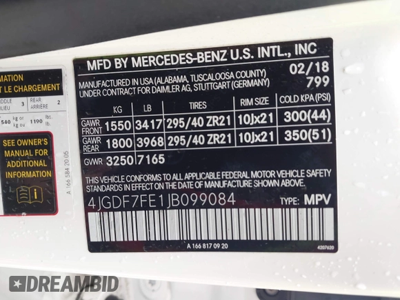 2018 Mercedes-Benz GLS 63 AMG with VIN 4JGDF7FE1JB099084, listed as a IAAI auction lot 42220385 with 97,904 mi miles and . Bid and sale history available at DreamBid. Image 9.