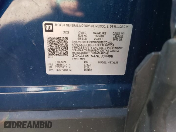 2022 GMC Terrain SLE with VIN 3GKALMEV4NL304406, listed as a Copart auction lot 47955155 with Not provided miles and Salvage title. Bid and sale history available at DreamBid. Image 14.