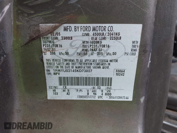 2005 Ford Escape XLT with VIN 1FMYU03145KD73027, listed as a IAAI auction lot 41932192 with Not Provided miles and . Bid and sale history available at DreamBid. Image 9.