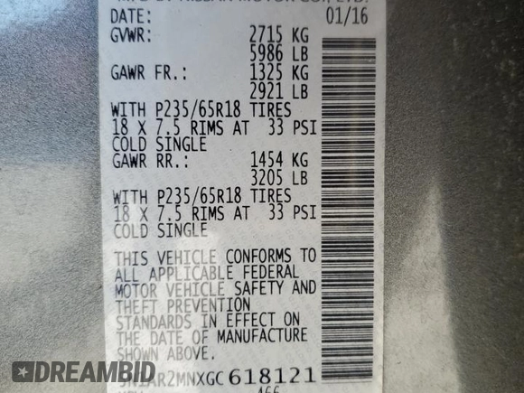 2016 Nissan Pathfinder SV with VIN 5N1AR2MNXGC618121, listed as a Copart auction lot 49556115 with 97,409 mi miles and Salvage Title. Bid and sale history available at carsss.com. Image 14.