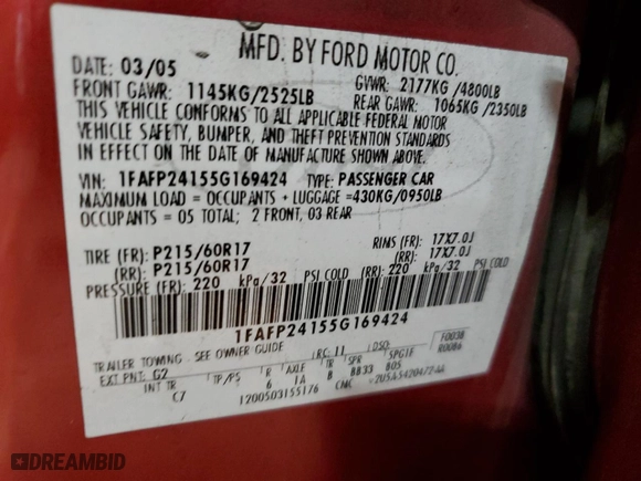 2005 Ford Five Hundred SEL with VIN 1FAFP24155G169424, listed as a Copart auction lot 48661285 with 0 mi miles and Salvage Title. Bid and sale history available at carsss.com. Image 12.