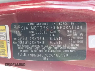 2012 Kia Sedona LX with VIN KNDMG4C70C6463190, listed as a IAAI auction lot 41781336 with 179,860 mi miles. Bid and sale history available at carsss.com. Image 9.