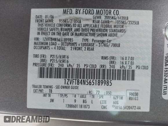 2006 Ford Mustang Standard with VIN 1ZVFT84N565189985, listed as a IAAI auction lot 41691191 with 131,847 mi miles and . Bid and sale history available at carsss.com. Image 9.