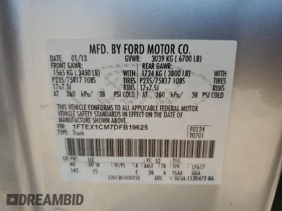 2013 Ford F-150 XL with VIN 1FTEX1CM7DFB19625, listed as a Copart auction lot 82848534 with 173,237 mi miles and Salvage Title. Bid and sale history available at carsss.com. Image 12.