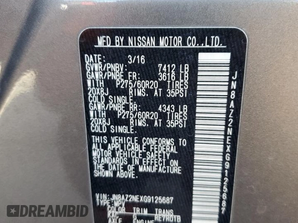 2016 Infiniti QX80 with VIN JN8AZ2NEXG9125687, listed as a Copart auction lot 52184535 with 149,495 mi miles and Salvage title. Bid and sale history available at DreamBid. Image 16.