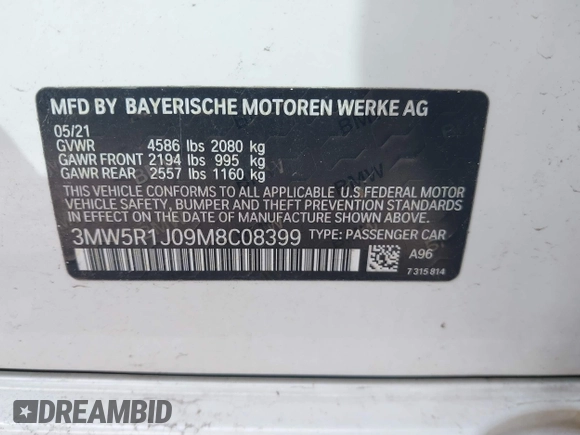 2021 BMW 3 Series 330i with VIN 3MW5R1J09M8C08399, listed as a IAAI auction lot 42483945 with 16,049 mi miles and . Bid and sale history available at DreamBid. Image 9.