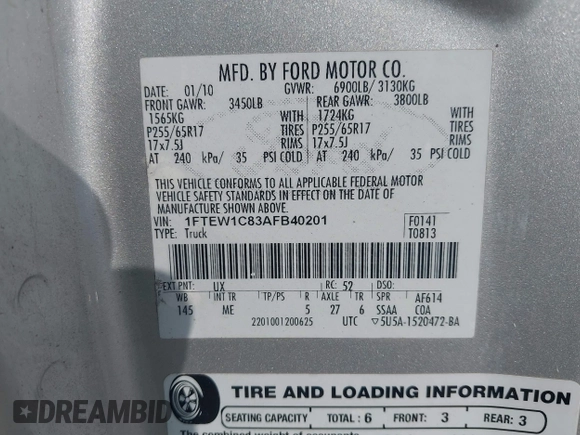 2010 Ford F-150 XL with VIN 1FTEW1C83AFB40201, listed as a IAAI auction lot 42100958 with 166,997 mi miles. Bid and sale history available at carsss.com. Image 9.