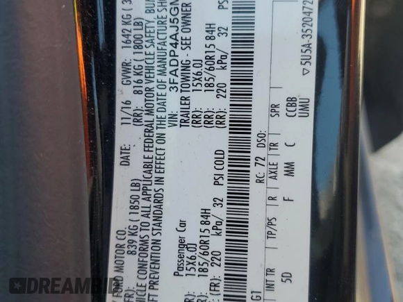 2016 Ford Fiesta S с VIN 3FADP4AJ5GM207220, выставлен на аукционе Copart как лот 56210575 с пробегом 186 915 миль миль и Списание • Salvage title. История ставок и продаж доступна на DreamBid. Изображение 12.