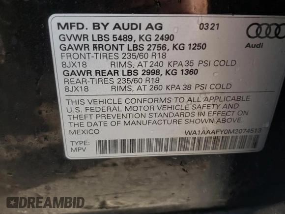 2021 Audi Q5 Premium with VIN WA1AAAFY0M2074513, listed as a Copart auction lot 36267453 with 20,850 mi miles. Bid and sale history available at carsss.com. Image 12.