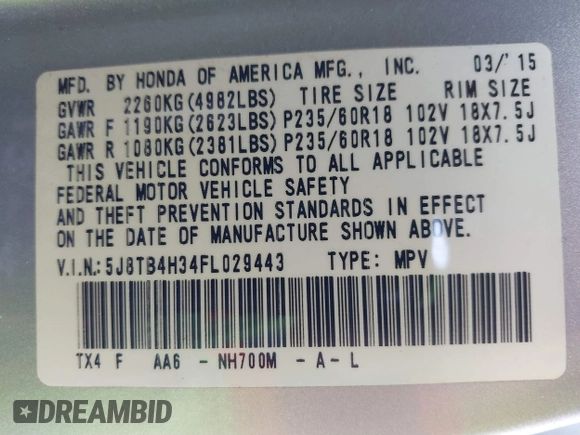 2015 Acura RDX with VIN 5J8TB4H34FL029443, listed as a IAAI auction lot 41678533 with 1 mi miles. Bid and sale history available at carsss.com. Image 9.