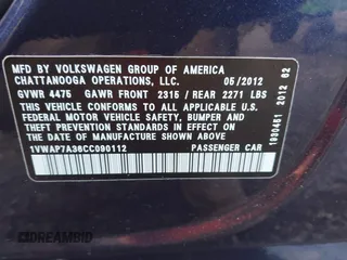 2012 Volkswagen Passat S w/Appearance with VIN 1VWAP7A36CC090112, listed as a IAAI auction lot 41983476 with 118,853 mi miles. Bid and sale history available at carsss.com. Image 9.