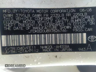 2009 Toyota Prius with VIN JTDKB20U897826746, listed as a IAAI auction lot 33029224 with 332,827 mi miles and . Bid and sale history available at DreamBid. Image 9.