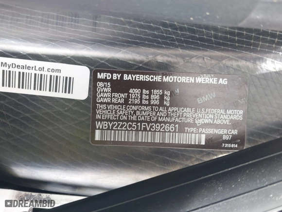 2015 BMW i8 with VIN WBY2Z2C51FV392661, listed as a IAAI auction lot 38409147 with 79,082 mi miles. Bid and sale history available at carsss.com. Image 9.