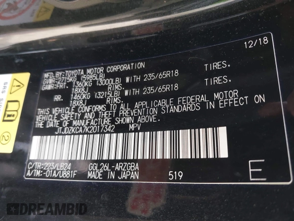 2019 Lexus RX 350L Premium с VIN JTJDZKCA7K2017342, выставлен на аукционе IAAI как лот 41765308 с пробегом 151 245 миль миль и . История ставок и продаж доступна на DreamBid. Изображение 9.