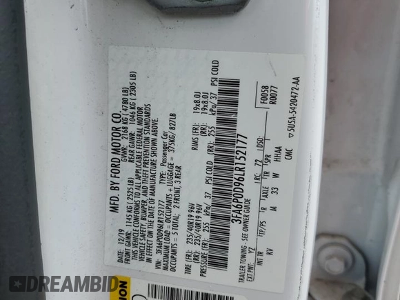 2020 Ford Fusion Titanium with VIN 3FA6P0D96LR152177, listed as a Copart auction lot 56161505 with 87,584 mi miles and Salvage title. Bid and sale history available at DreamBid. Image 13.