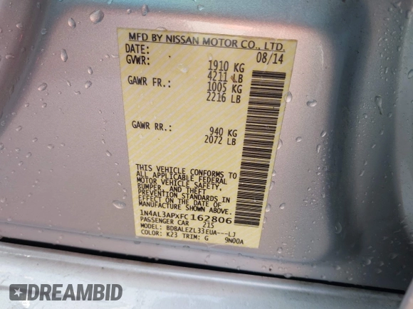 2015 Nissan Altima 2.5 S with VIN 1N4AL3APXFC162806, listed as a IAAI auction lot 42072965 with 56,765 mi miles. Bid and sale history available at carsss.com. Image 9.