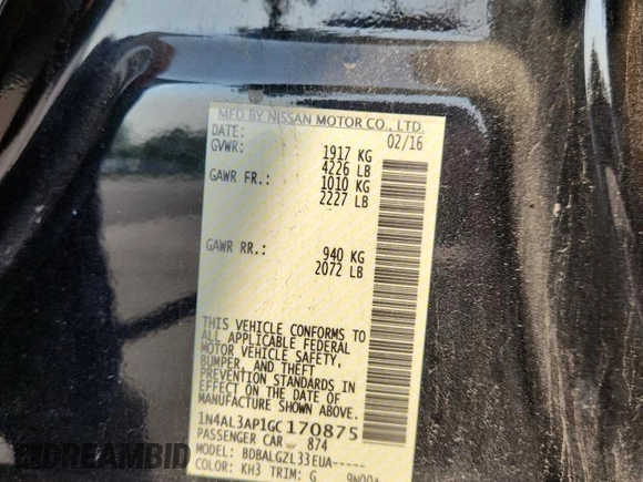 2016 Nissan Altima S with VIN 1N4AL3AP1GC170875, listed as a Copart auction lot 60620215 with 180,833 mi miles and Salvage title. Bid and sale history available at DreamBid. Image 13.