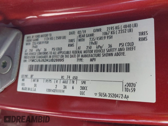 2019 Ford Escape Titanium with VIN 1FMCU9J92KUB28895, listed as a IAAI auction lot 42065235 with 112,305 mi miles and . Bid and sale history available at DreamBid. Image 9.
