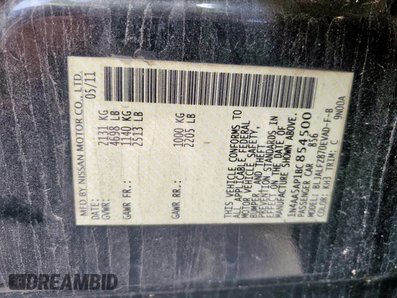 2011 Nissan Maxima SV with VIN 1N4AA5AP1BC854500, listed as a Copart auction lot 58921995 with 155,868 mi miles and Salvage title. Bid and sale history available at DreamBid. Image 12.