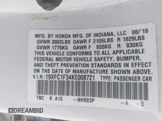 2019 Honda Civic Sedan EX with VIN 19XFC1F34KE008721, listed as a IAAI auction lot 41845651 with 80,991 mi miles. Bid and sale history available at carsss.com. Image 9.