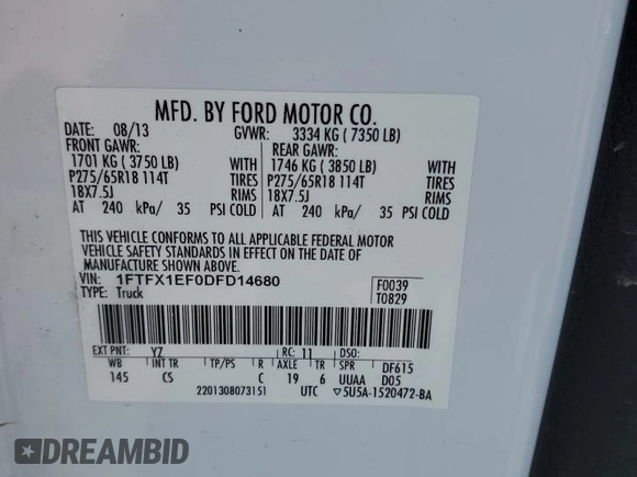 2013 Ford F-150 XL с VIN 1FTFX1EF0DFD14680, выставлен на аукционе Copart как лот 56854285 с пробегом 160 696 миль миль и Списание • Salvage title. История ставок и продаж доступна на DreamBid. Изображение 12.