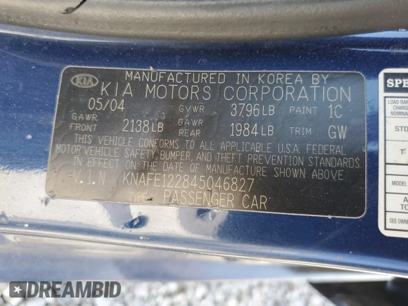 2004 Kia Spectra LX with VIN KNAFE122845046827, listed as a Copart auction lot 52262575 with 91,786 mi miles and Clean Title. Bid and sale history available at carsss.com. Image 12.