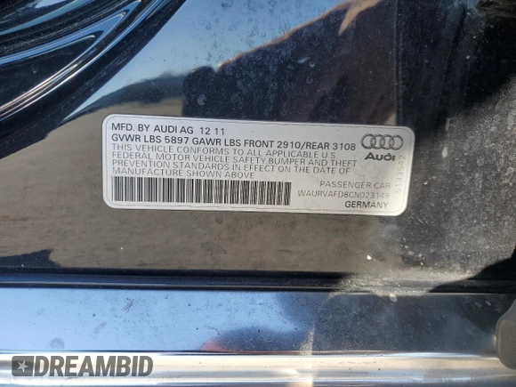 2012 Audi A8 L with VIN WAURVAFD8CN023149, listed as a Copart auction lot 44809175 with 153,437 mi miles and Salvage Title. Bid and sale history available at carsss.com. Image 12.
