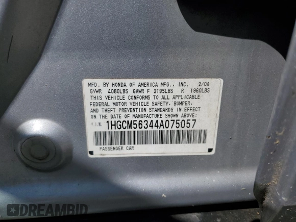 2004 Honda Accord LX z VIN 1HGCM56344A075057, wystawiony jako Copart lot #58235565 z przebiegiem 224 765 mil mil oraz Szkoda całkowita • Salvage title. Historia ofert i sprzedaży dostępna na DreamBid. Obrazek 12.