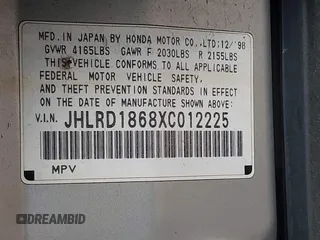 1999 Honda CR-V EX with VIN JHLRD1868XC012225, listed as a IAAI auction lot 42007506 with 181,845 mi miles. Bid and sale history available at carsss.com. Image 9.