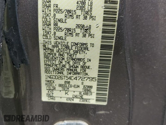 2004 Nissan Frontier XE with VIN 1N6DD26T54C472795, listed as a Copart auction lot 57382115 with 200,903 mi miles and Salvage title. Bid and sale history available at DreamBid. Image 12.