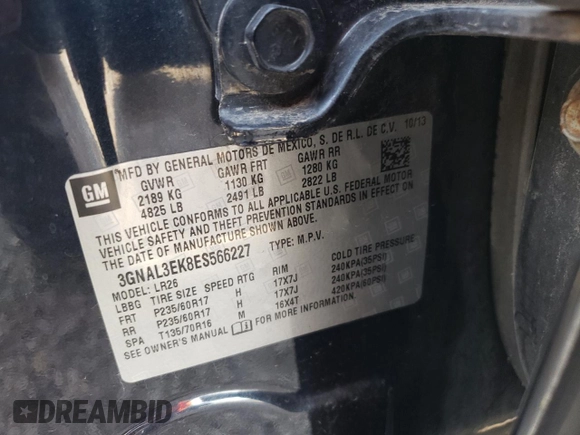 2014 Chevrolet Captiva Sport LT with VIN 3GNAL3EK8ES566227, listed as a Copart auction lot 71178734 with 196,064 mi miles and Salvage Title. Bid and sale history available at DreamBid. Image 13.