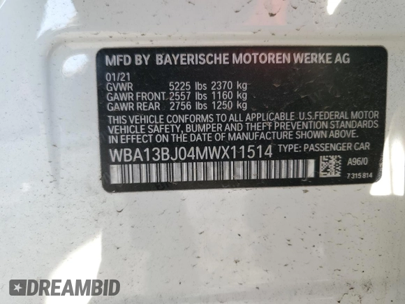 2021 BMW 5 Series 530i xDrive with VIN WBA13BJ04MWX11514, listed as a Copart auction lot 54208715 with Not Provided miles and Clean Title. Bid and sale history available at carsss.com. Image 12.