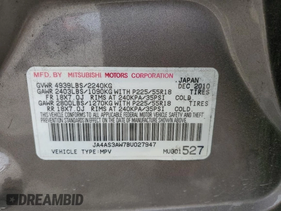 2011 Mitsubishi Outlander SE with VIN JA4AS3AW7BU027947, listed as a Copart auction lot 54623345 with 164,641 mi miles and Salvage title. Bid and sale history available at DreamBid. Image 13.