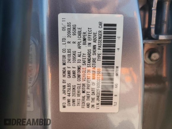 2011 Acura TSX with VIN JH4CU2F60BC012688, listed as a Copart auction lot 50041665 with 539,658 mi miles and Salvage title. Bid and sale history available at DreamBid. Image 12.