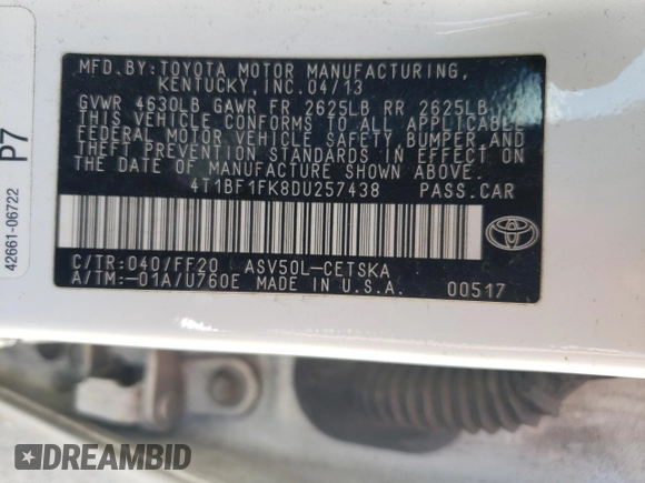 2013 Toyota Camry L with VIN 4T1BF1FK8DU257438, listed as a Copart auction lot 47616795 with Not Provided miles and Non Repairable. Bid and sale history available at DreamBid. Image 13.