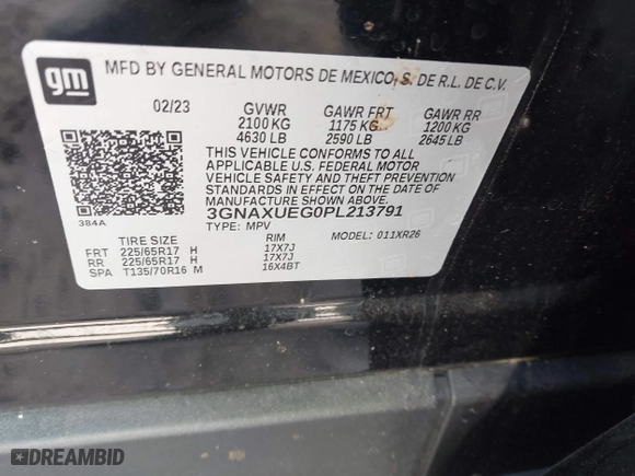 2023 Chevrolet Equinox LT with VIN 3GNAXUEG0PL213791, listed as a IAAI auction lot 41612069 with 11,580 mi miles. Bid and sale history available at carsss.com. Image 9.