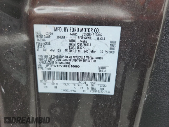 2006 Ford F-150 XLT с VIN 1FTPW12V26FB16690, выставлен на аукционе Copart как лот 59291155 с пробегом 118 273 миль миль и Списание • Salvage title. История ставок и продаж доступна на DreamBid. Изображение 13.