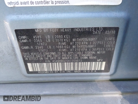 2010 Subaru Outback Premium All-Weather Anniversary with VIN 4S4BRBGC5A3359012, listed as a IAAI auction lot 42653699 with 166,294 mi miles and . Bid and sale history available at DreamBid. Image 9.