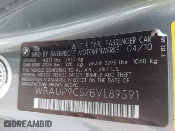 2011 BMW 1 Series 128i with VIN WBAUP9C52BVL89591, listed as a IAAI auction lot 41951870 with 131,377 mi miles and . Bid and sale history available at DreamBid. Image 9.
