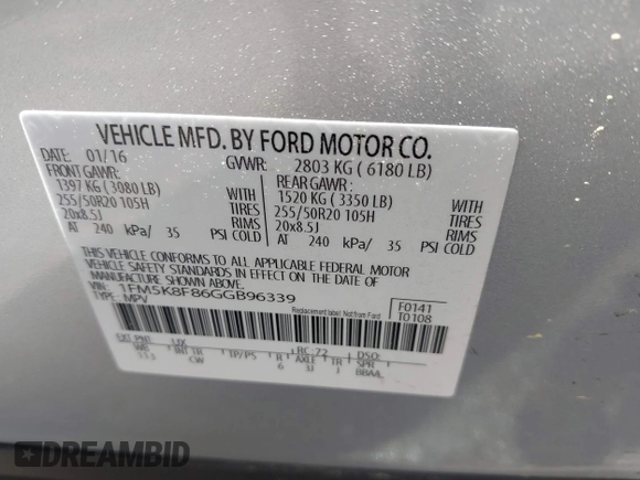 2016 Ford Explorer Limited with VIN 1FM5K8F86GGB96339, listed as a IAAI auction lot 42030202 with 93,045 mi miles and . Bid and sale history available at DreamBid. Image 9.